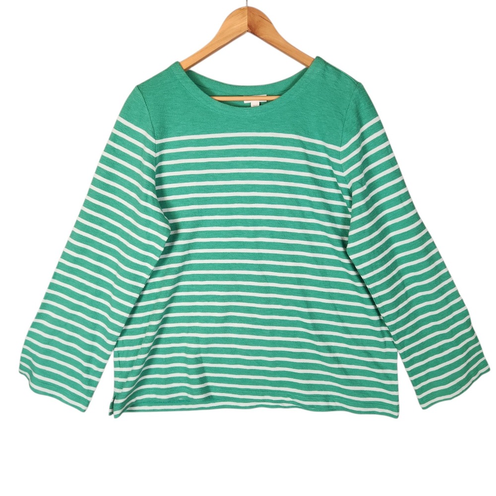 J. Jill Top Large Green White Striped Cotton Long Sleeve Textured Preppy New